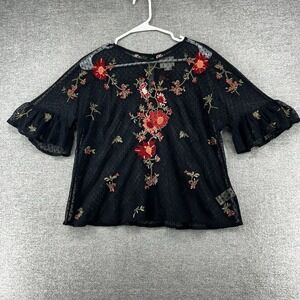 Maeve Aththropologie Cadiz Mesh Top Women Size Small Floral Embroidered
